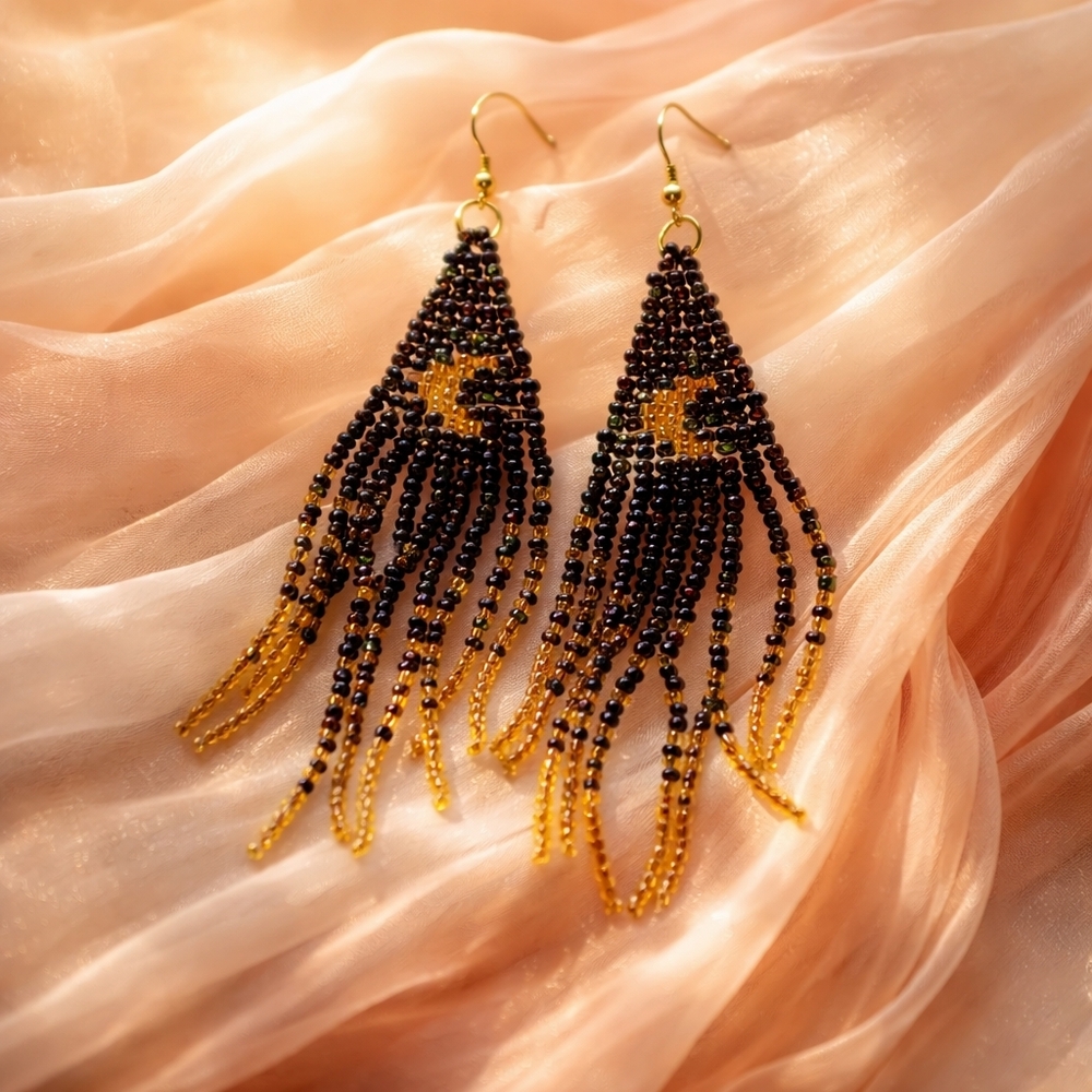 Hidden Moon Seed Bead Fringe Dangle Earrings | Gold, Rose & Black Metallic Boho